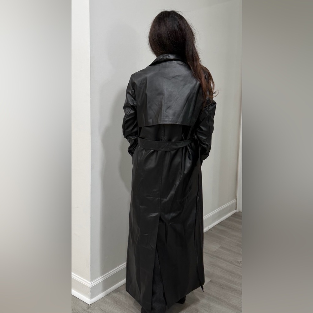 Black Fabulous Faux Leather Long Trench Coat - Picture 6 of 7